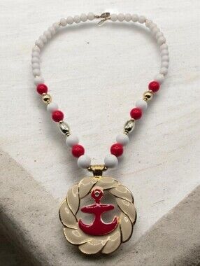 Vintage 60s Nautical Enamel Anchor Statement Necklace White Red Gold 24"